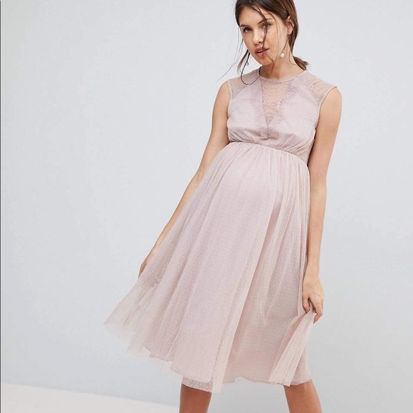 asos maternity lace dress ASOS DESIGN Maternity open back lace insert textured maxi tea dress in light pink